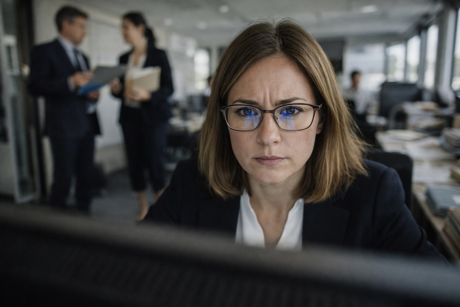 Professionnelle concentrée sur son écran en étude notariale