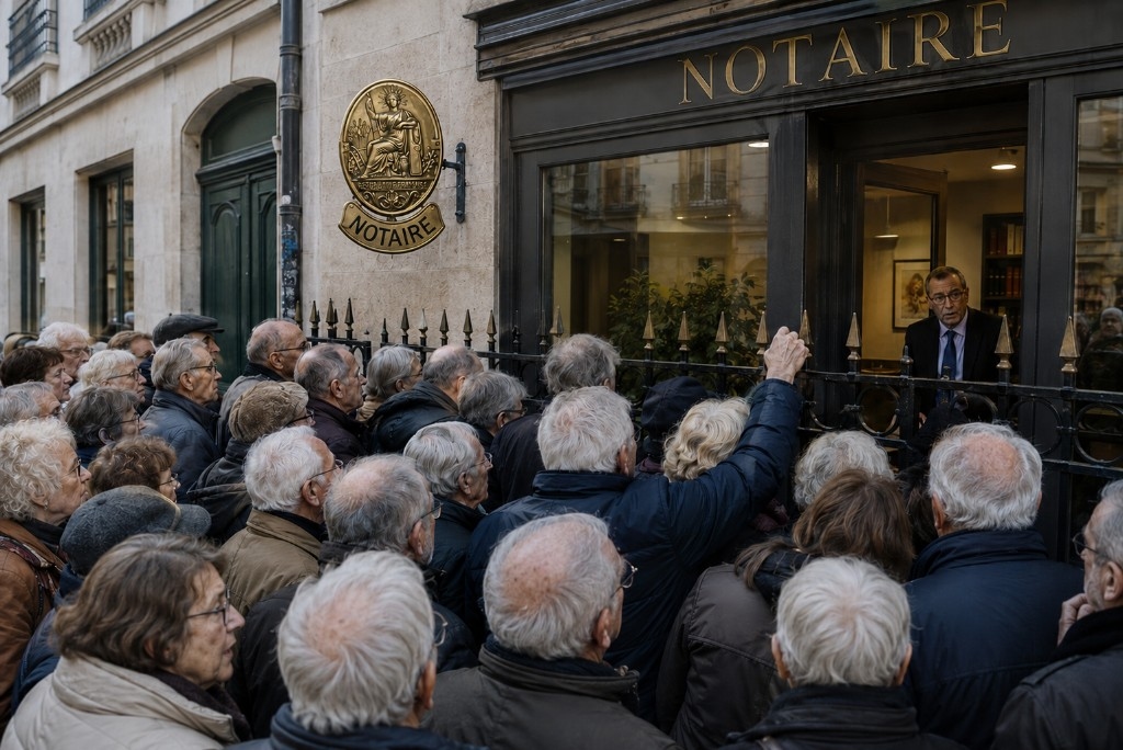 Une foule de seniors devant une étude notariale à Paris