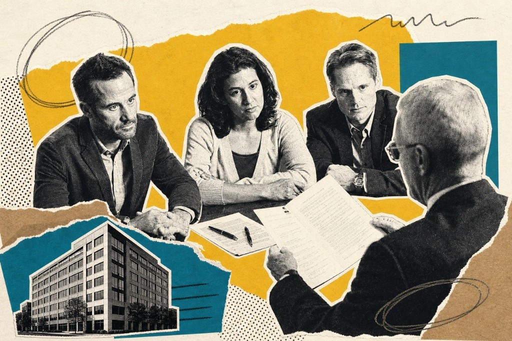 Consultation entre un professionnel du droit et des clients autour d'un dossier indivision-successoral