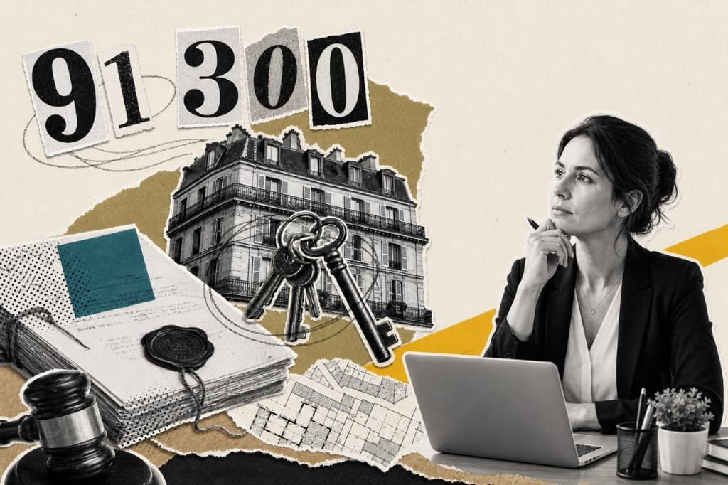Collage éditorial : professionnelle, immeuble parisien, documents scellés et clés — indivision et immobilier